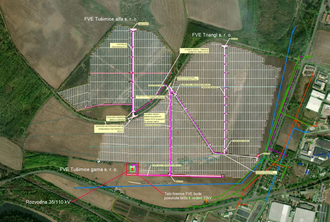 Published aerial site layout showing FVE Tušimice alfa, FVE Triangl and FVE Tušimice gama within the planned solar site.